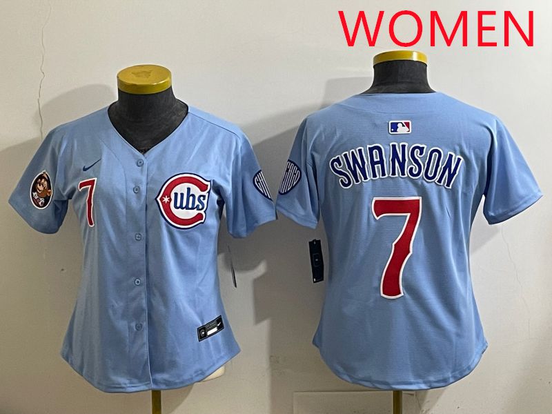 Women 2025 Chicago Cubs #7 Swanson Light Blue Game Nike MLB Jersey style 3->women mlb jersey->Women Jersey